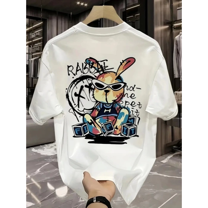 Biçomi Baskılı Oversize Bisiklet Yaka T-shirt - Beyaz