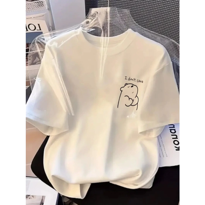 Biçomi Baskılı Oversize Bisiklet Yaka T-shirt - Beyaz