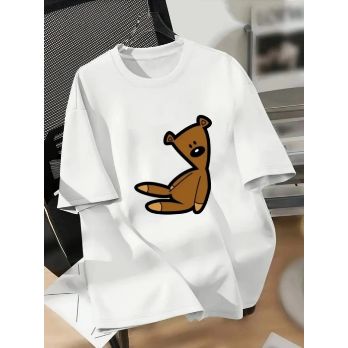 Biçomi Baskılı Oversize Bisiklet Yaka T-shirt - Beyaz