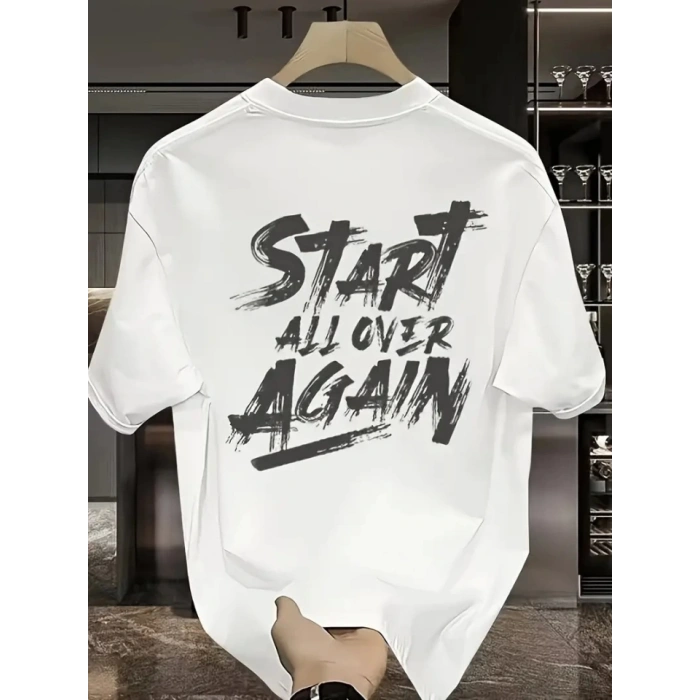 Biçomi Baskılı Oversize Bisiklet Yaka T-shirt - Beyaz