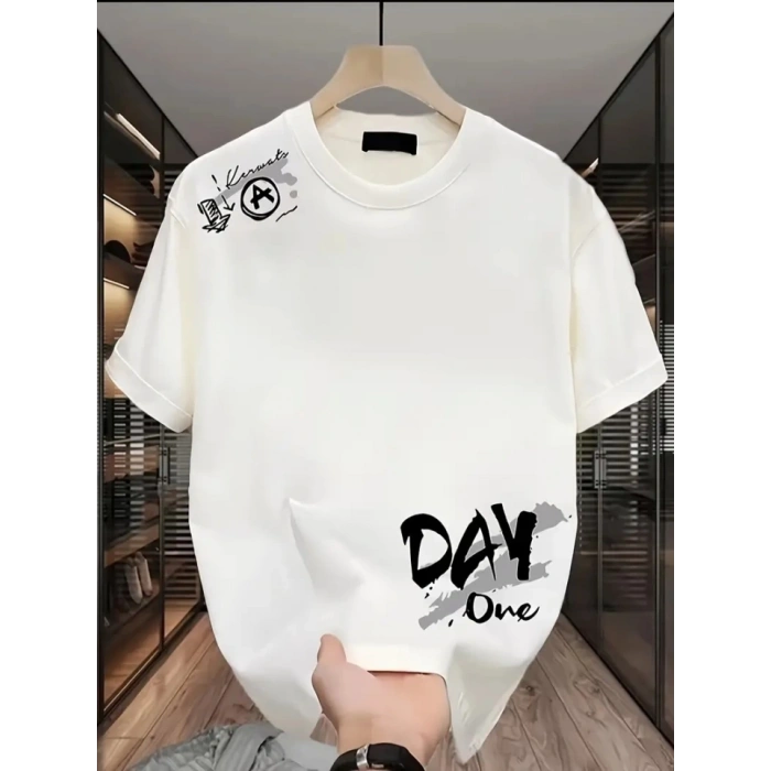 Biçomi Baskılı Oversize Bisiklet Yaka T-shirt - Beyaz