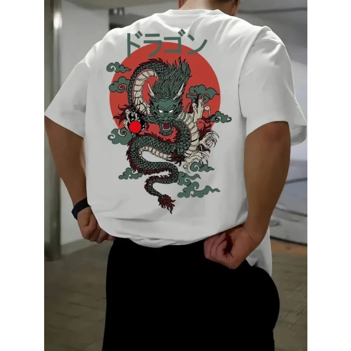 Biçomi Baskılı Oversize Bisiklet Yaka T-shirt - Beyaz