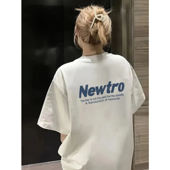 Biçomi Baskılı Oversize Bisiklet Yaka T-shirt - Beyaz