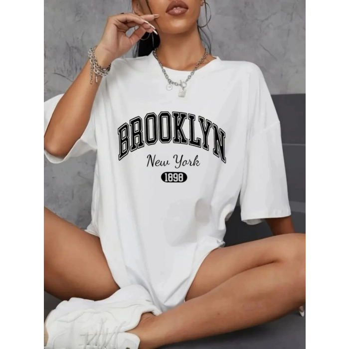 Biçomi Baskılı Oversize Bisiklet Yaka T-shirt - Beyaz