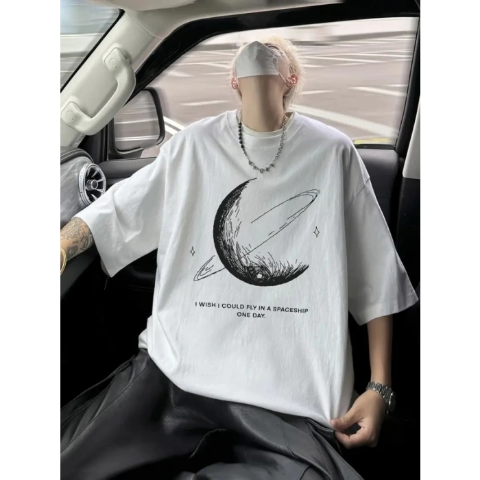 Biçomi Baskılı Oversize Bisiklet Yaka T-shirt - Beyaz