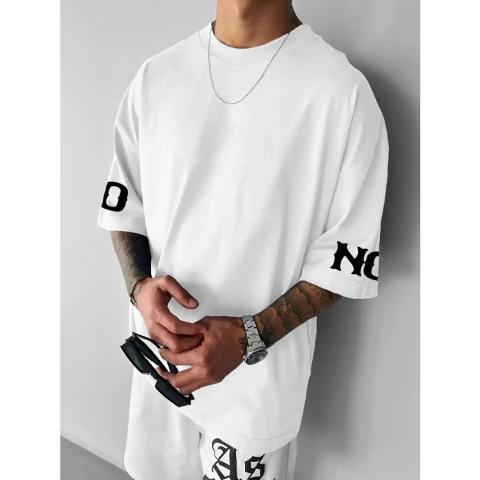 Biçomi Baskılı Oversize Bisiklet Yaka T-shirt - Beyaz
