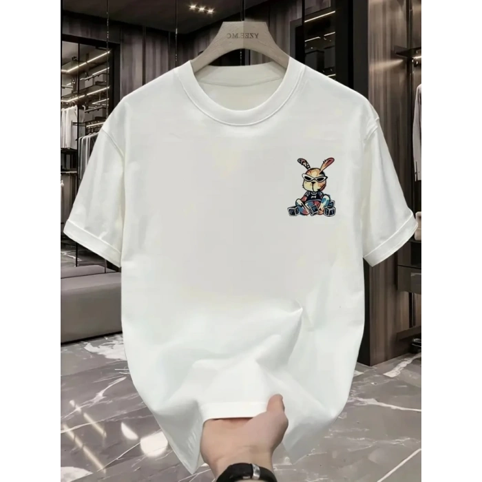 Biçomi Baskılı Oversize Bisiklet Yaka T-shirt - Beyaz