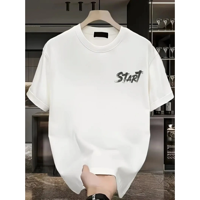 Biçomi Baskılı Oversize Bisiklet Yaka T-shirt - Beyaz