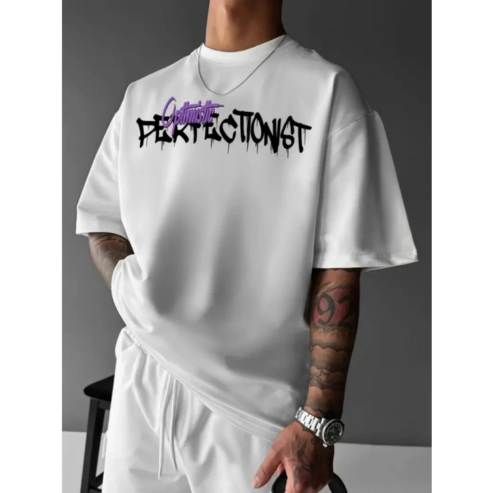 Biçomi Baskılı Oversize Bisiklet Yaka T-shirt - Beyaz