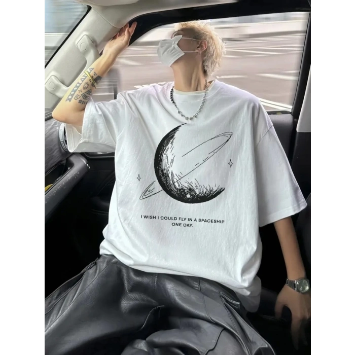 Biçomi Baskılı Oversize Bisiklet Yaka T-shirt - Beyaz