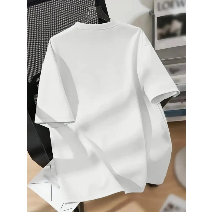 Biçomi Baskılı Oversize Bisiklet Yaka T-shirt - Beyaz