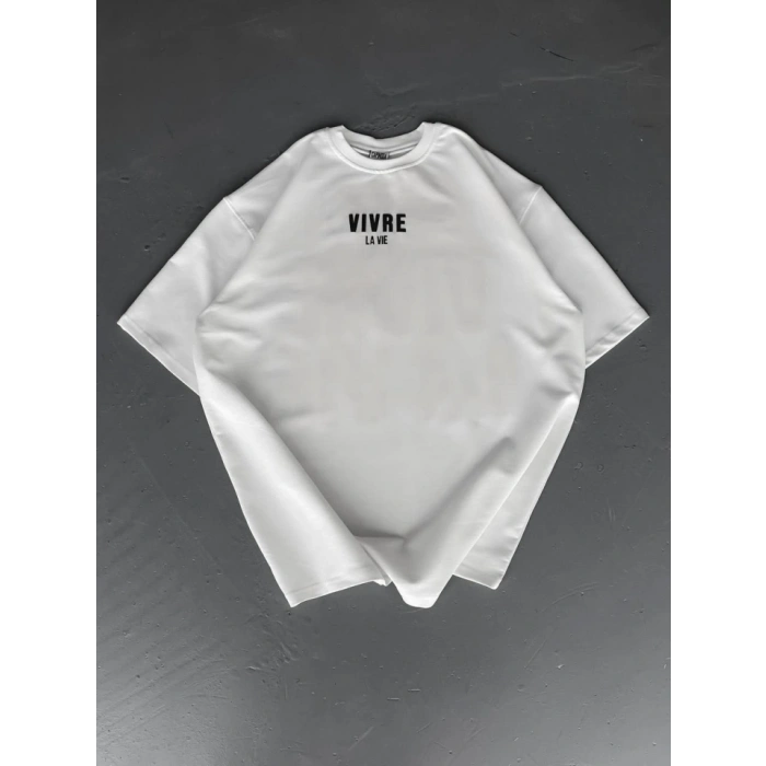 Biçomi Baskılı Oversize Bisiklet Yaka T-shirt - Beyaz