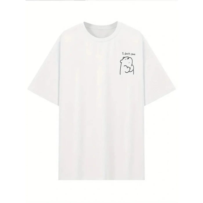 Biçomi Baskılı Oversize Bisiklet Yaka T-shirt - Beyaz