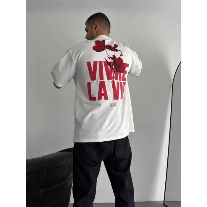 Biçomi Baskılı Oversize Bisiklet Yaka T-shirt - Beyaz