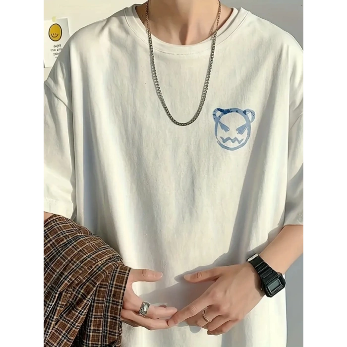 Biçomi Baskılı Oversize Bisiklet Yaka T-shirt - Beyaz