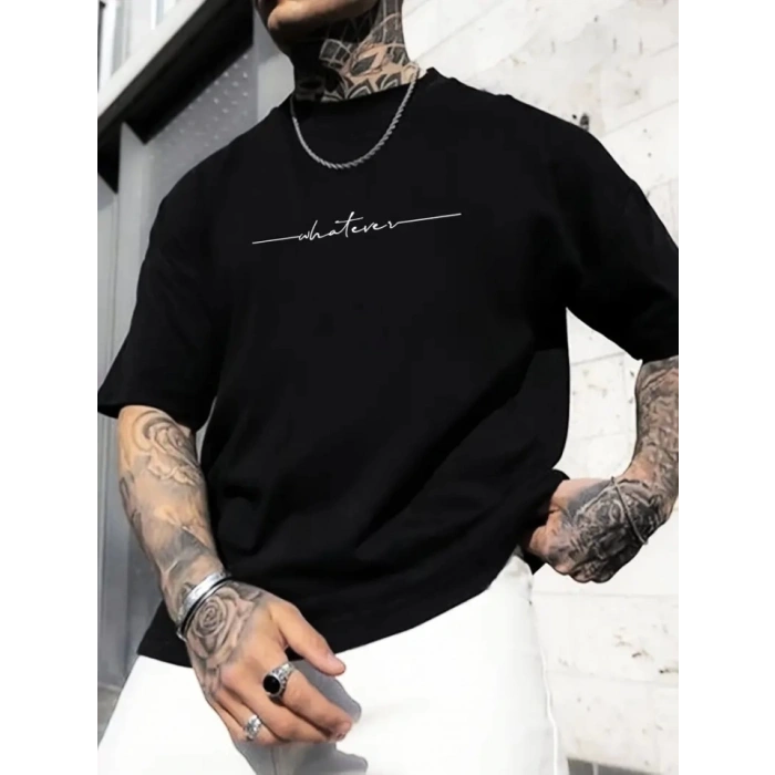 Biçomi Baskılı Oversize Bisiklet Yaka T-shirt - Siyah