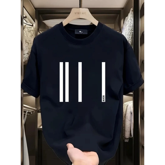 Biçomi Baskılı Oversize Bisiklet Yaka T-shirt - Siyah