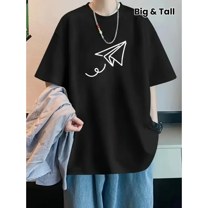 Biçomi Baskılı Oversize Bisiklet Yaka T-shirt - Siyah