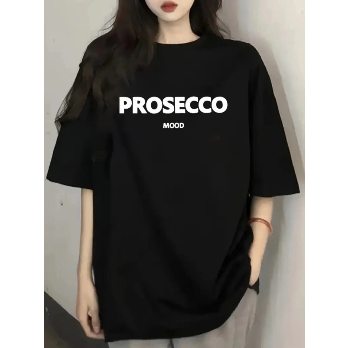 Biçomi Baskılı Oversize Bisiklet Yaka T-shirt - Siyah