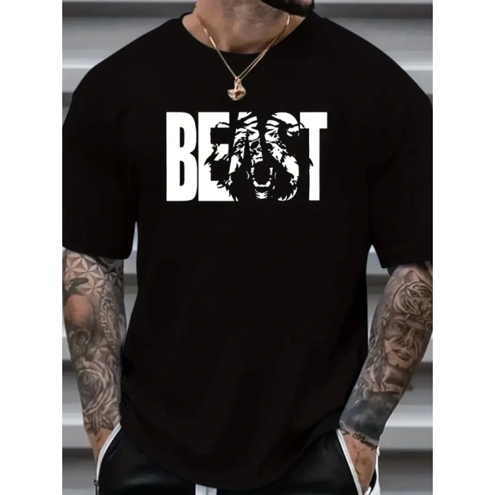 Biçomi Baskılı Oversize Bisiklet Yaka T-shirt - Siyah