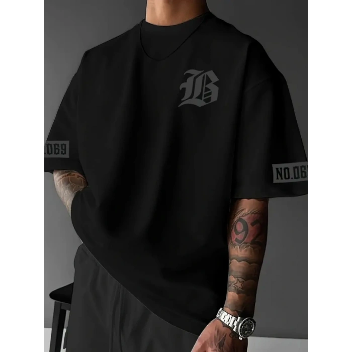Biçomi Baskılı Oversize Bisiklet Yaka T-shirt - Siyah