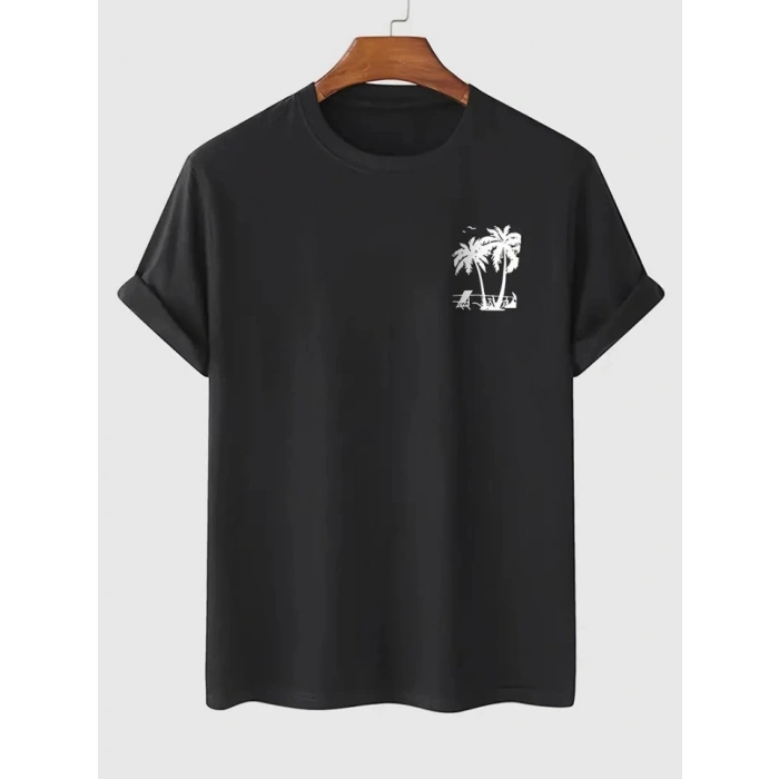 Biçomi Baskılı Oversize Bisiklet Yaka T-shirt - Siyah