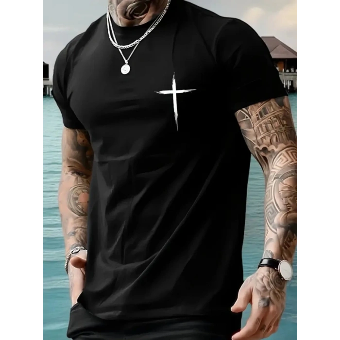 Biçomi Baskılı Oversize Bisiklet Yaka T-shirt - Siyah