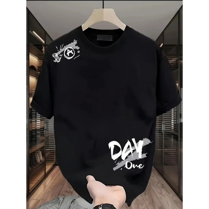 Biçomi Baskılı Oversize Bisiklet Yaka T-shirt - Siyah