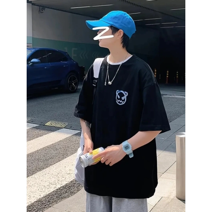Biçomi Baskılı Oversize Bisiklet Yaka T-shirt - Siyah