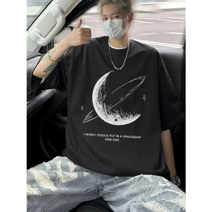 Biçomi Baskılı Oversize Bisiklet Yaka T-shirt - Siyah