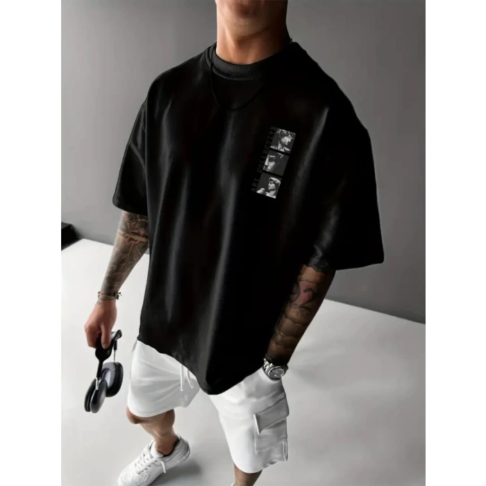 Biçomi Baskılı Oversize Bisiklet Yaka T-shirt - Siyah