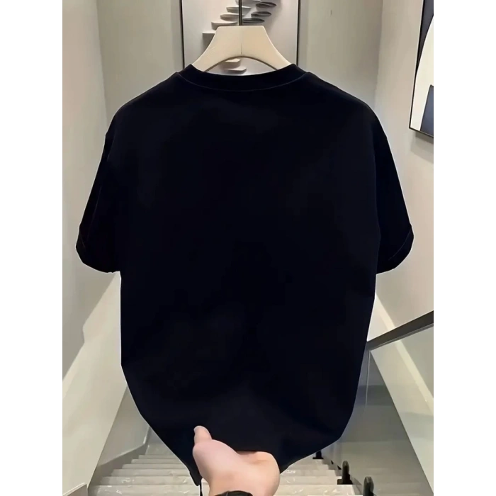 Biçomi Baskılı Oversize Bisiklet Yaka T-shirt - Siyah