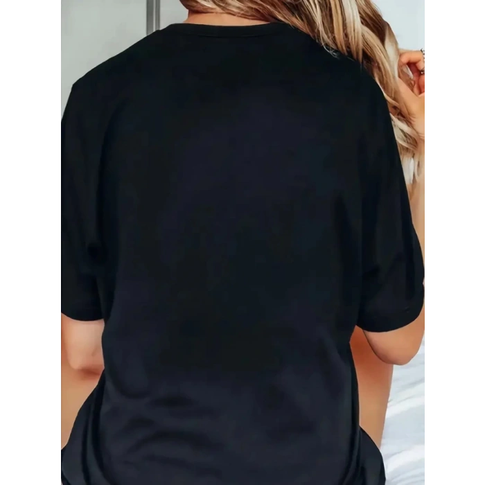 Biçomi Baskılı Oversize Bisiklet Yaka T-shirt - Siyah