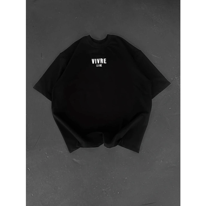 Biçomi Baskılı Oversize Bisiklet Yaka T-shirt - Siyah