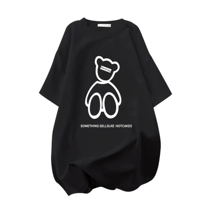 Biçomi Baskılı Oversize Bisiklet Yaka T-shirt - Siyah