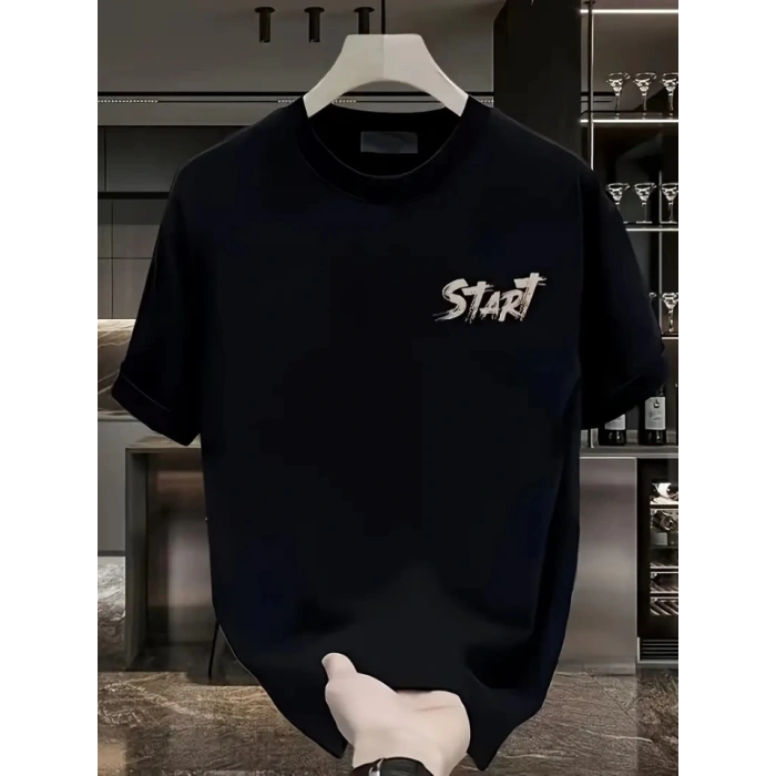 Biçomi Baskılı Oversize Bisiklet Yaka T-shirt - Siyah