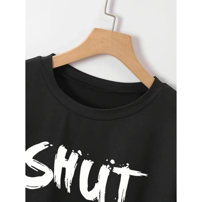 Biçomi Baskılı Oversize Bisiklet Yaka T-shirt - Siyah