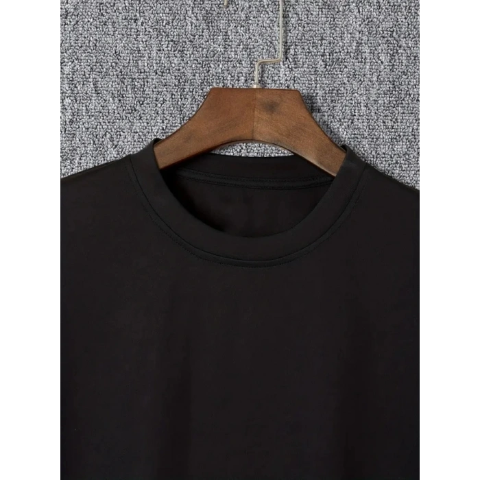 Biçomi Baskılı Oversize Bisiklet Yaka T-shirt - Siyah