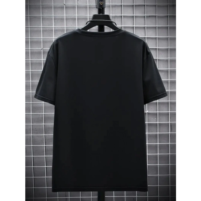 Biçomi Baskılı Oversize Bisiklet Yaka T-shirt - Siyah