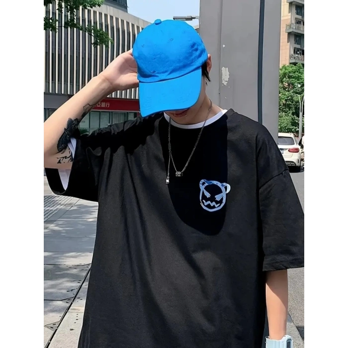 Biçomi Baskılı Oversize Bisiklet Yaka T-shirt - Siyah