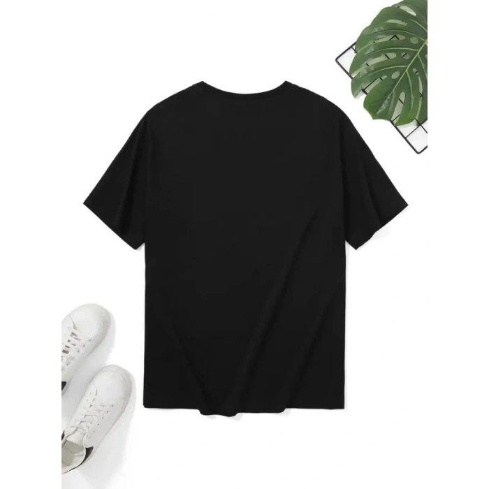 Biçomi Baskılı Oversize Bisiklet Yaka T-shirt - Siyah