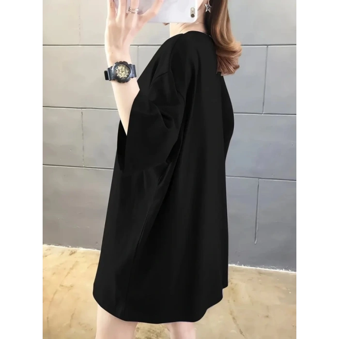 Biçomi Baskılı Oversize Bisiklet Yaka T-shirt - Siyah