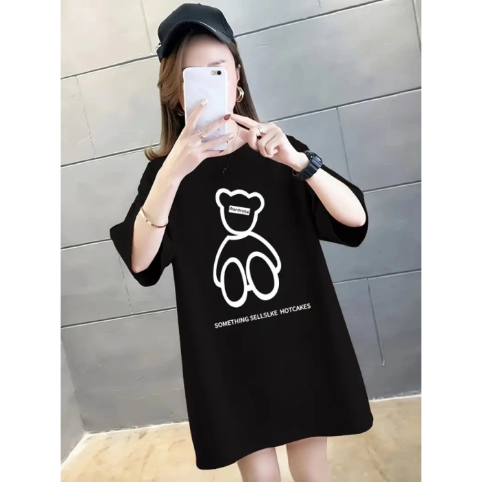 Biçomi Baskılı Oversize Bisiklet Yaka T-shirt - Siyah