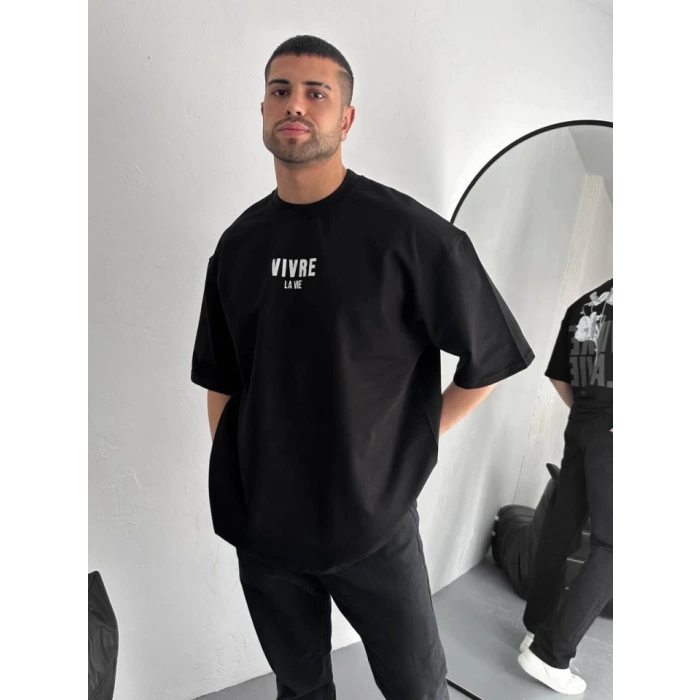 Biçomi Baskılı Oversize Bisiklet Yaka T-shirt - Siyah