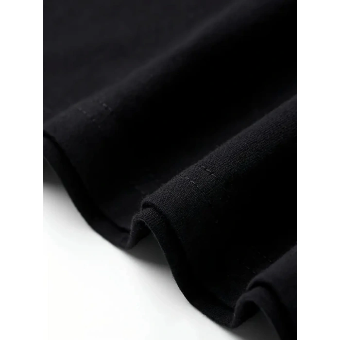 Biçomi Baskılı Oversize Bisiklet Yaka T-shirt - Siyah