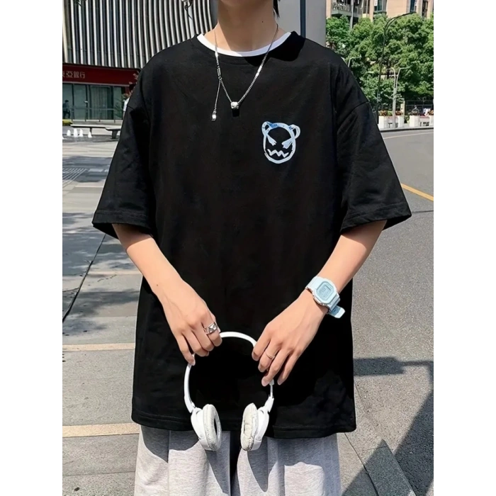 Biçomi Baskılı Oversize Bisiklet Yaka T-shirt - Siyah