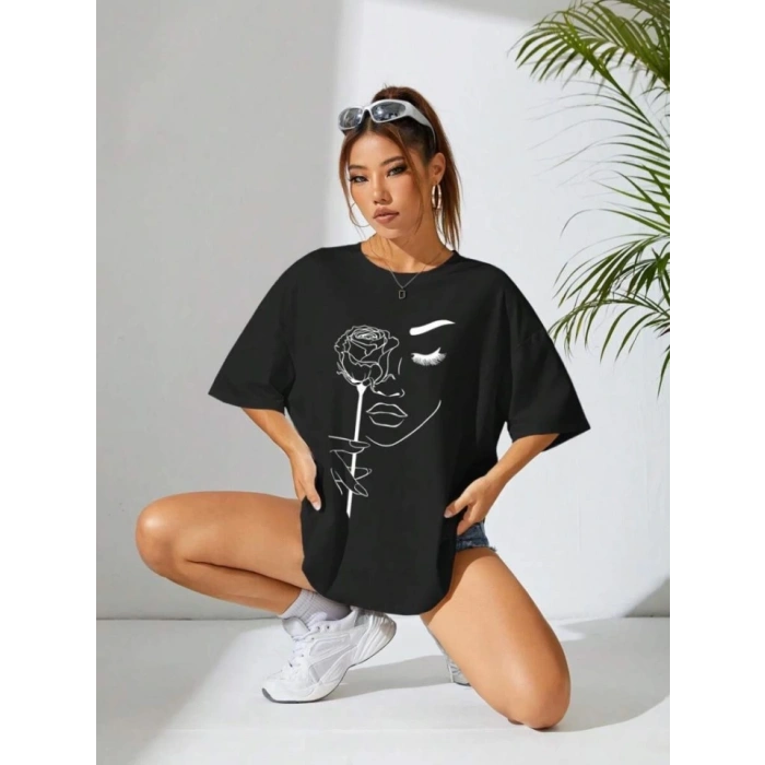 Biçomi Baskılı Oversize T-shirt - Siyah