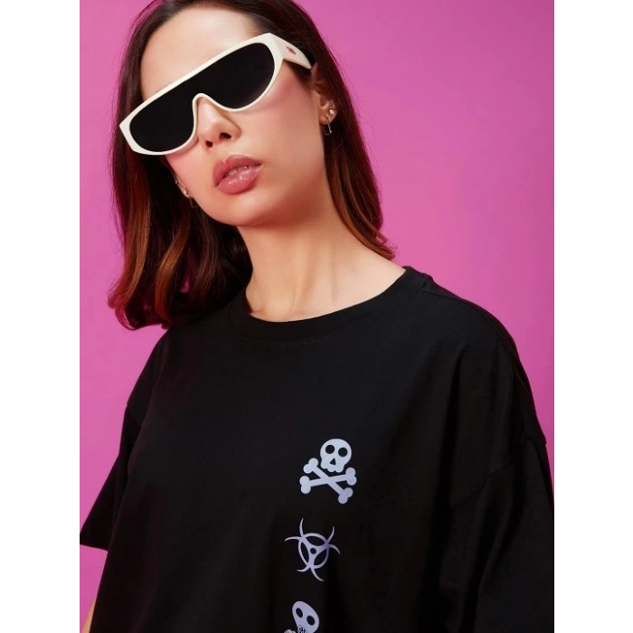 Biçomi Baskılı Oversize T-shirt - Siyah