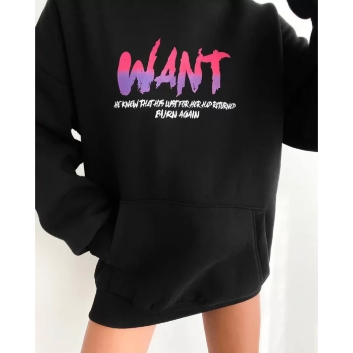 Biçomi Baskılı Üç İplik Kapüşonlu Oversize Sweatshirt - Siyah