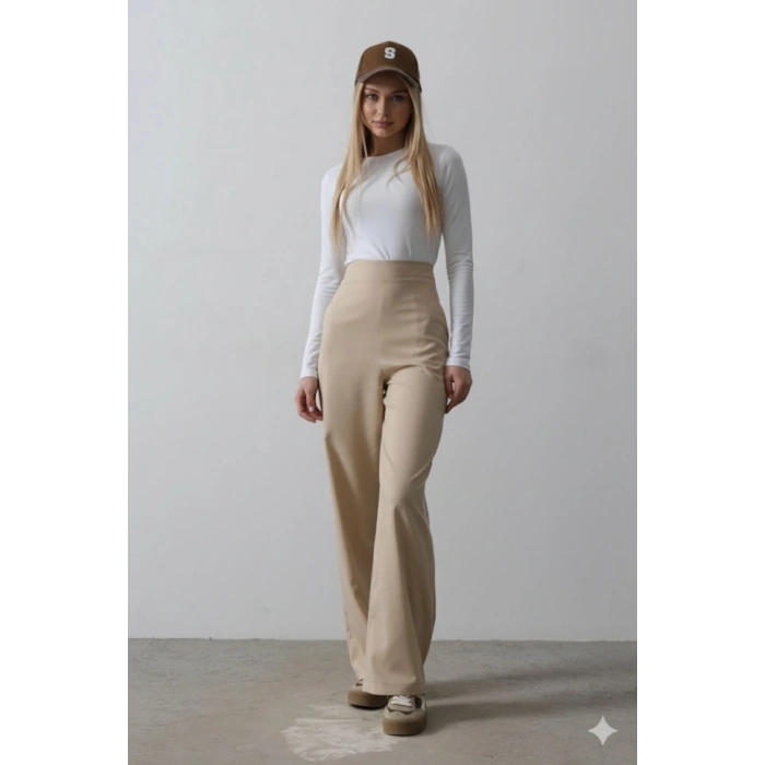 Biçomi Beli Yarım Lastikli Palazzo Pantolon - Camel